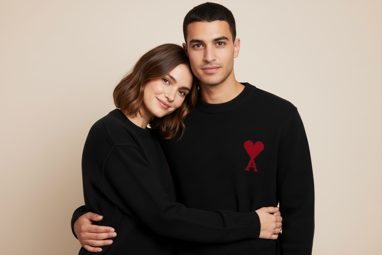 Close-up couple shot wearing matching black heart sweaters