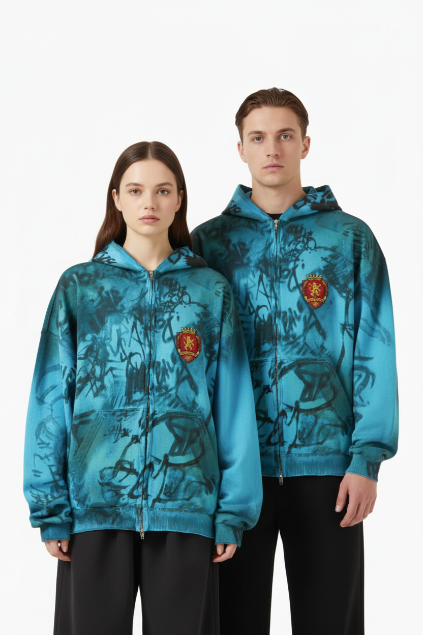 Couple wearing turquoise hoodies