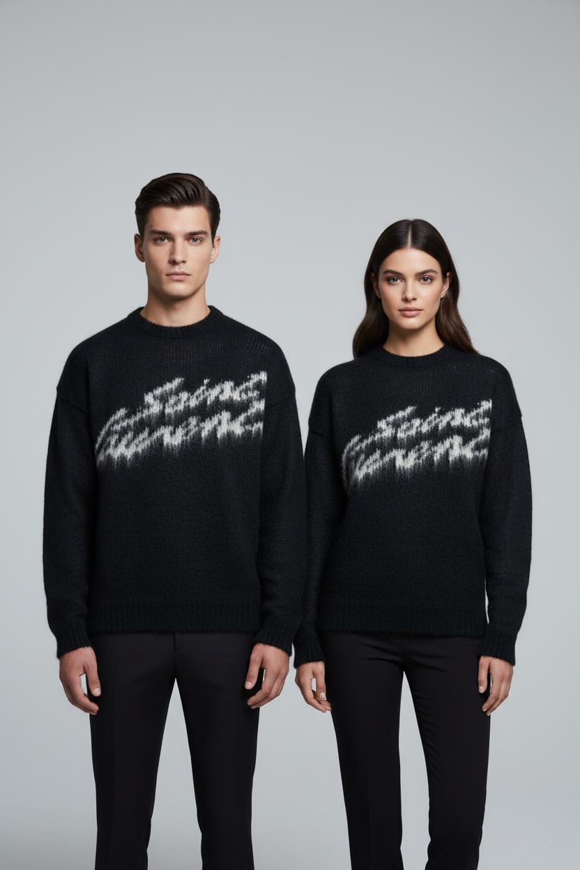 Man and woman wearing black knitwear together